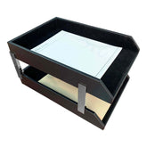 Classic Black Leather Double Legal Trays, Silver